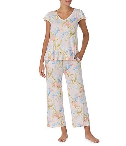 Tommy Bahama Floral Print Jersey Knit V-Neck Short Flutter Sleeve Long Pajama Set