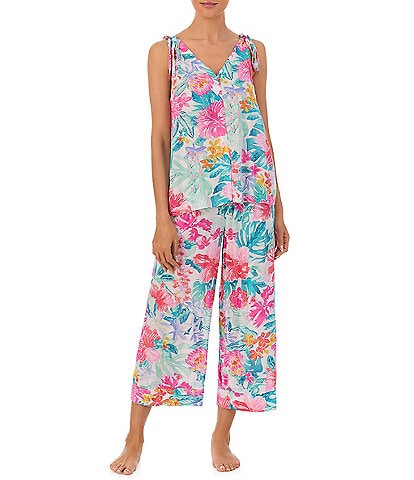 Tommy Bahama Floral Print Sleeveless V-Neck Knit Cropped Pajama Set