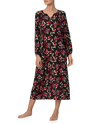 Tommy Bahama Floral Printed Long Sleeve V-Neck Jersey Knit Nightgown