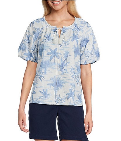 Tommy Bahama Fortuna Fronds Poplin Tassel Short Sleeve Top
