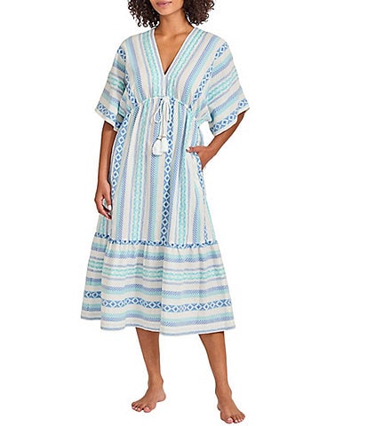 Tommy Bahama Geo Jacquard Stripe Print V-Neck Dolman Sleeve Midi Dress Swim Cover-Up