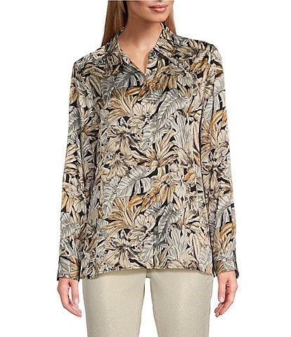 Tommy Bahama Grand Canal Tropical Printed Silk Crepe Satin Point Collar Long Sleeve Button Front Shirt