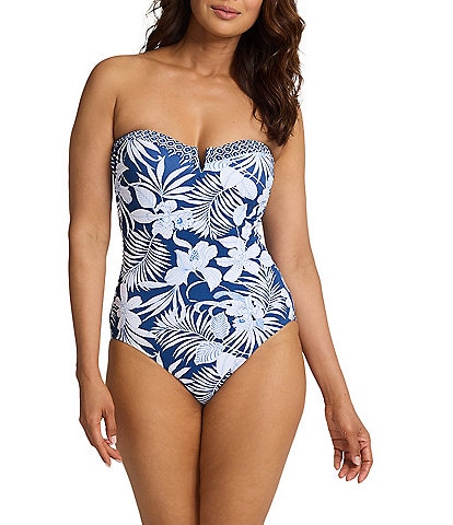 Tommy Bahama Island Cays Blooms Floral Print Sweetheart V-Wire Strapless Tummy Control One Piece Swimsuit