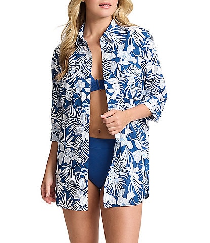 Tommy Bahama Island Cays Blooms Tropical Print Long Sleeve Button Front Shirt Dress Swim Cover-Up