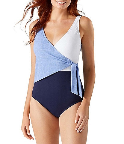 Tommy Bahama Island Cays Color Blocked Wrap Front Tummy Control One-Piece Swimsuit