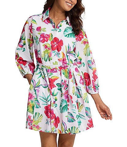 Tommy Bahama Island Cays Fiesta Floral Print Belted Button Front Point Collar Shirt Dress Swim Cover-Up