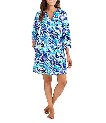 Tommy Bahama Island Cays Marina Split V-Neck 3/4 Sleeves Tunic Swim Cover-Up Dress