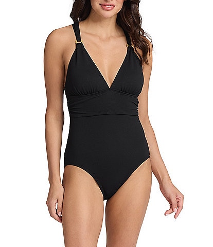 Tommy Bahama Island Cays Solid Texture V-Neck Tummy Control One Piece Swimsuit