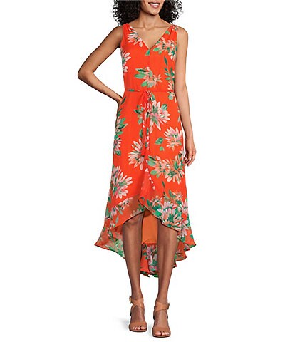 Tommy Bahama Joyful Blooms Floral Print Georgette Woven V-Neck Sleeveless Ruffled High-Low Hem A-Line Belted Maxi Dress
