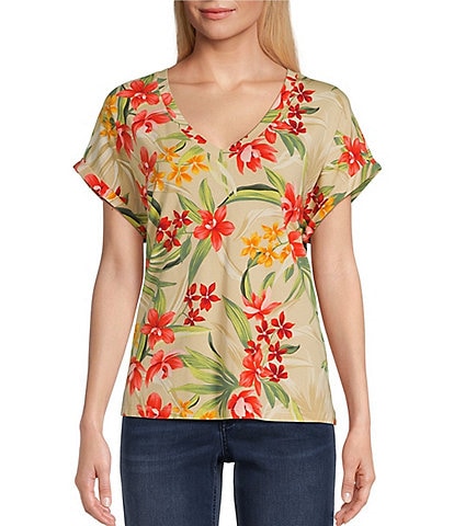 Tommy Bahama Kauai Calli Cove Stretch Knit Jersey Floral Print V-Neck Short Sleeve T-Shirt