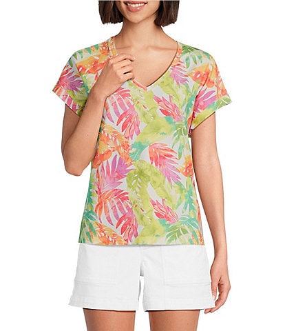 Tommy Bahama Kauai Tropicana Isle Printed V-Neck Cap Sleeve Stretch Jersey Knit Tee