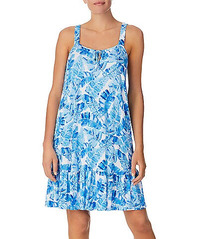 Tommy Bahama Knit Leaves Print Keyhole Tie Neck Sleeveless Short Nightgown
