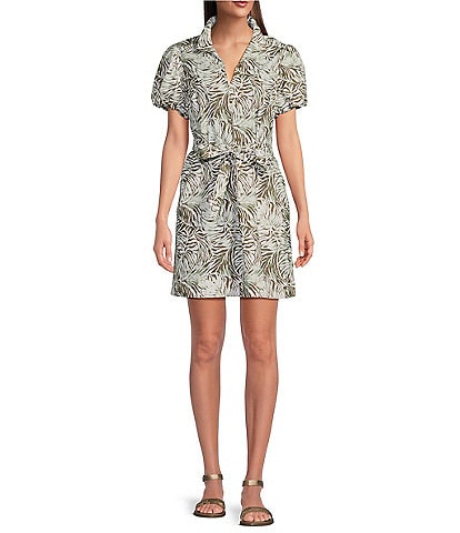 Tommy Bahama Leaf Printed Convertible Collar Short Puff Sleeve Dress