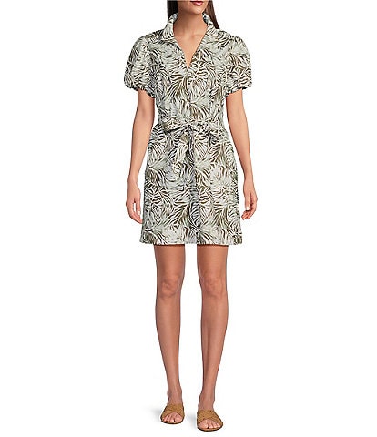 Tommy Bahama Leaf Printed Convertible Collar Short Puff Sleeve Dress