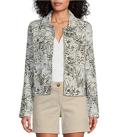 Tommy Bahama Leaf Printed Point Collar Long Sleeve Linen Jacket