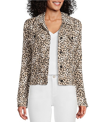 Tommy Bahama Leopard Print Linen Point Collar Long Sleeve Button Front Frayed Edge Cropped Jacket