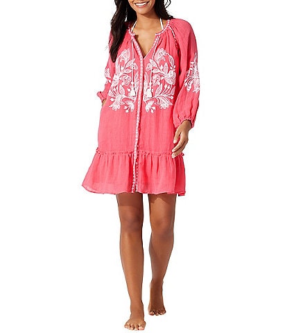 Tommy Bahama Linen Blend Gauze Embroidered Split V-Neck Tunic Swim Cover-Up Dress