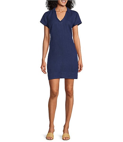 Tommy Bahama Linen Blend Johnny Collar Short Sleeve Side Pocket Shirt Dress