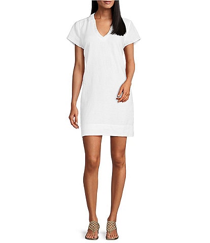 Tommy Bahama Linen Blend Johnny Collar Short Sleeve Side Pocket Shirt Dress