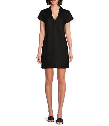Tommy Bahama Linen Blend Johnny Collar Short Sleeve Side Pocket Shirt Dress