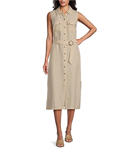 Tommy Bahama Linen Point Collar Sleeveless Pocketed Belted Side Pocket Midi Dress