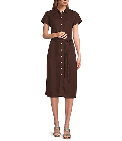 Tommy Bahama Mission Beach Soft Twill Point Collar Cap Sleeve Button Front Self-Tie Belt Shirt Dress