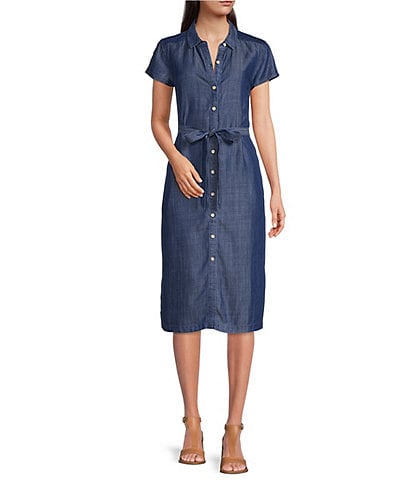 Tommy Bahama Mission Beach Soft Twill Point Collar Cap Sleeve Button Front Self-Tie Belt Shirt Dress