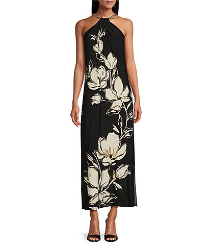 Tommy Bahama Noche Mar Carmela Floral Print A-Line Chain Halter Neck Sleeveless UPF 30 Below The Knee Dress