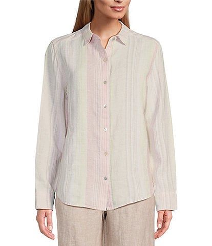 Tommy Bahama Ocean Reverie Linen Striped Notch Collar Long Sleeve Shirt