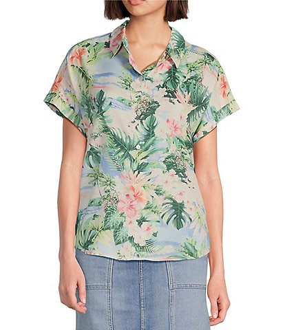 Tommy Bahama Ocean Vida Tropical Floral Printed Silk Spread Collared Short Sleeve Button Front Shirt