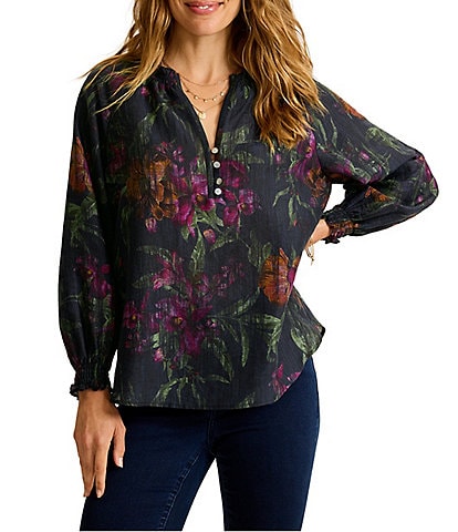 Tommy Bahama Orchid Isle Ruffle Neckline Button Front Placket Long Sleeve Top