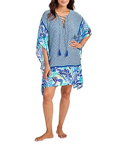 Tommy Bahama Palm Modern Mosaic Lace-Up V-Neck Short Tunic Swim Cover-Up
