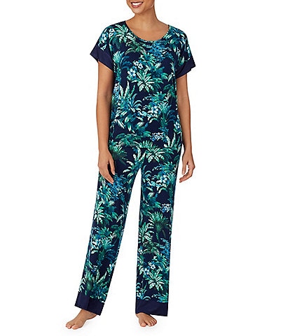 Tommy Bahama Palm Print Round Neck Short Sleeve Jersey Knit Pajama Set
