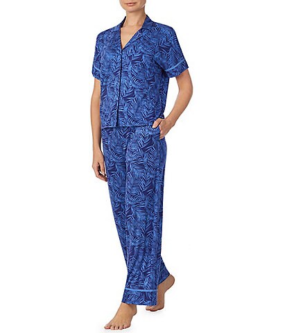 Tommy Bahama Palm Print Short Sleeve Notch Collar Long Knit Pajama Set