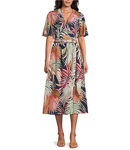 Tommy Bahama Palm Tropical Canyon Short Sleeve V-Neck Faux Wrap Midi Dress