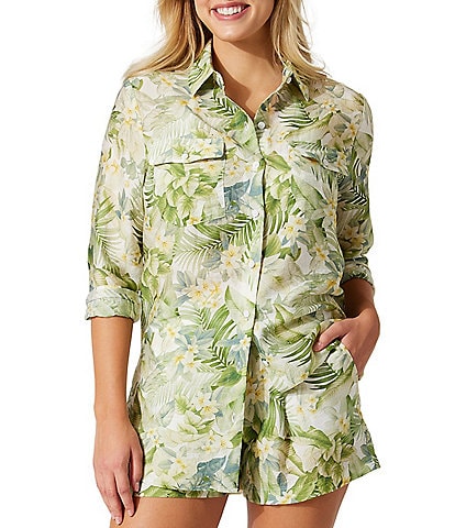 Tommy Bahama Paradise Fronds Tropical Floral Button Front Boyfriend Shirt Swim Cover-Up & High Waist Pull-On Short Cover-Up
