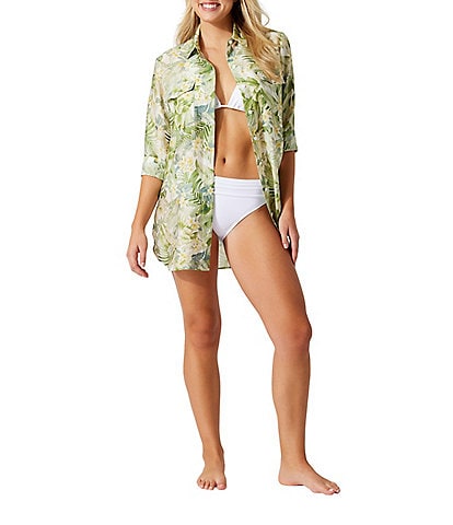 Tommy Bahama Paradise Fronds Tropical Floral Print Button Front Boyfriend Shirt Swim Cover-Up