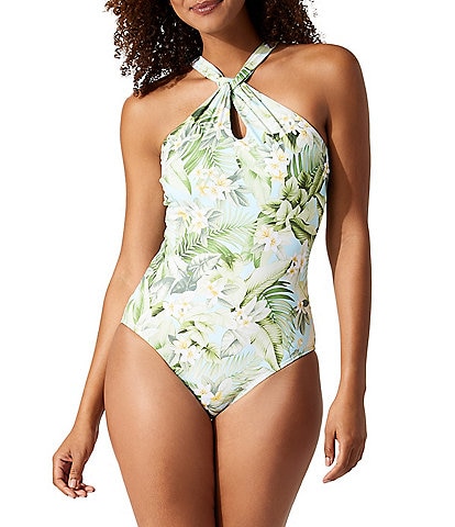 Tommy Bahama Paradise Fronds Tropical Floral Print High Twist Neck One Piece Swimsuit