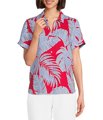 Tommy Bahama Point Collar Short Sleeve Shirttail Hem Button Front Top