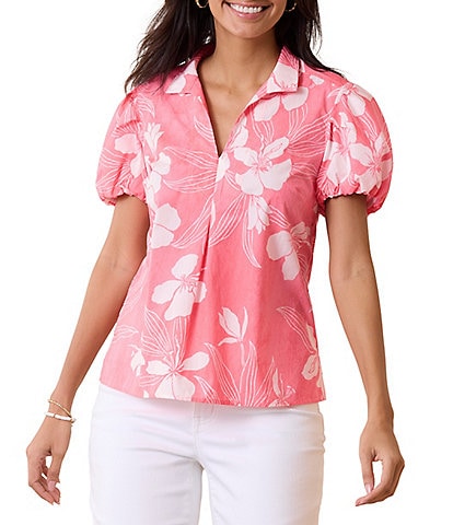 Tommy Bahama Poplin Hidden Grove Floral Print Point Collar V-Neck Short Puff Sleeve Top
