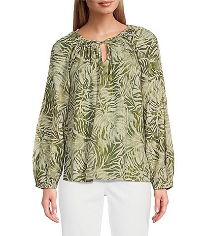 Tommy Bahama Printed Round Tie Neckline Long Sleeve Top
