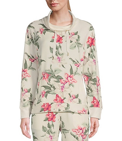 Tommy Bahama Sea Mist Beachway Blooms Floral Funnel Neck Drawstring Long Sleeve Pullover Sweater