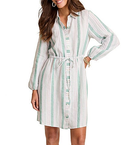 Tommy Bahama Seaside Cove Linen Yarn Dyed Stripe Point Collar Long Sleeve Button Front Shirt Dress