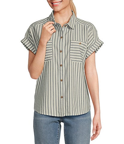 Tommy Bahama Seaway Breeze Stripe Point Collar Short Sleeve Chest Pocket Shirt