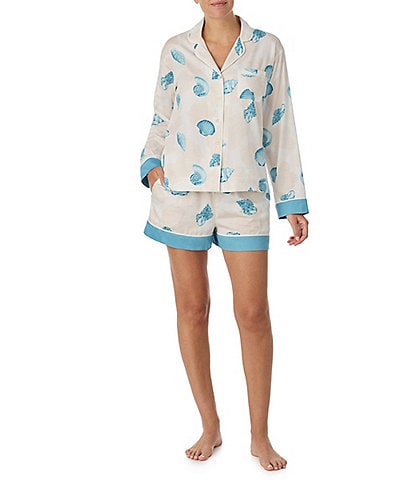  Shell Print Long Sleeve Notch Collar Woven Sateen Shorty Pajama Set