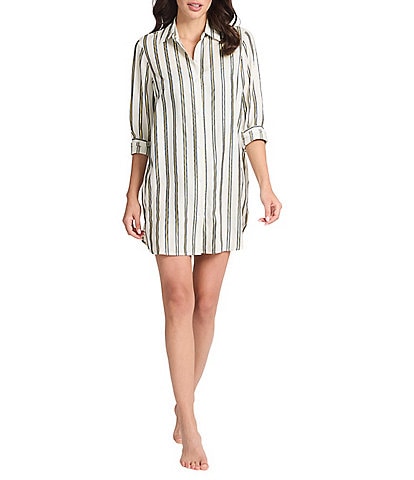 Tommy Bahama Shimmer Stripe Collared Long Sleeve Button Front Swim Cover-Up Shirt Dress