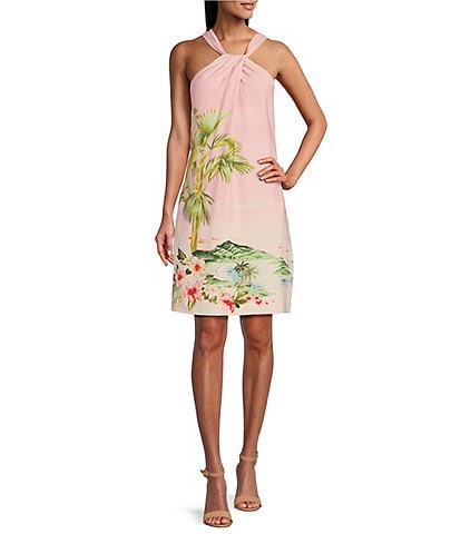 Tommy Bahama Silk Perfect Paradise Tropical Print Halter Neck Sleeveless Pocketed A-Line Dress