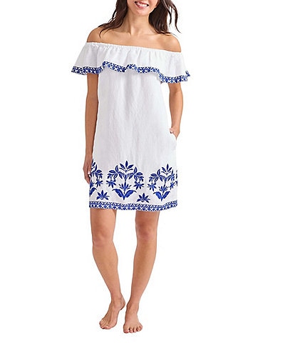 Tommy Bahama St. Lucia Embroidered Ruffle Off-The-Shoulder Neck Swim Cover-Up Dress