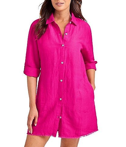 Tommy Bahama St. Lucia Point Collar Short Roll-Tab Sleeve Fray Hem Button Front Boyfriend Swim Cover Up