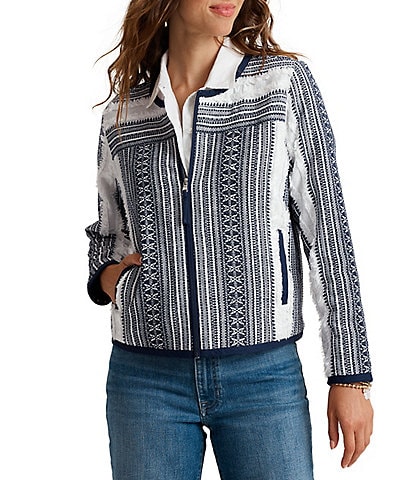 Tommy Bahama Stripe Jacquard Point Collar Long Sleeve Zip Front Jacket